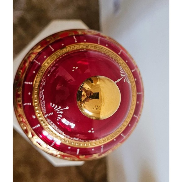 Bohemian 14" Ruby Red Crystal Apothecary Jar with Grecian Design - Picture 6 of 7